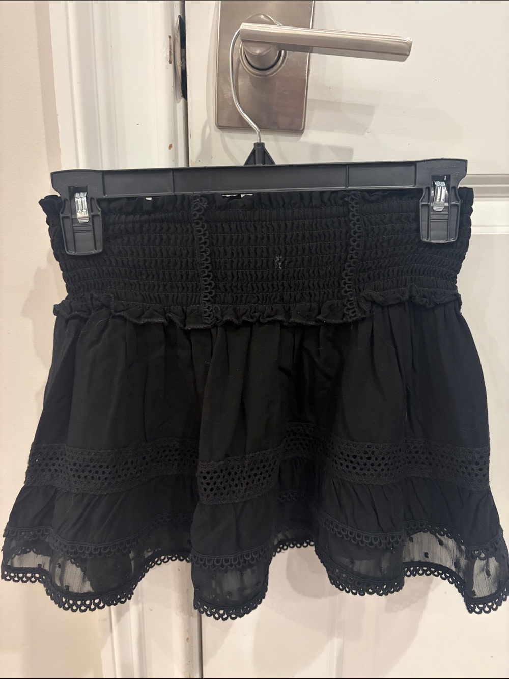 Katie J NYC Black Smocked Mini Skirt with Lace Panels